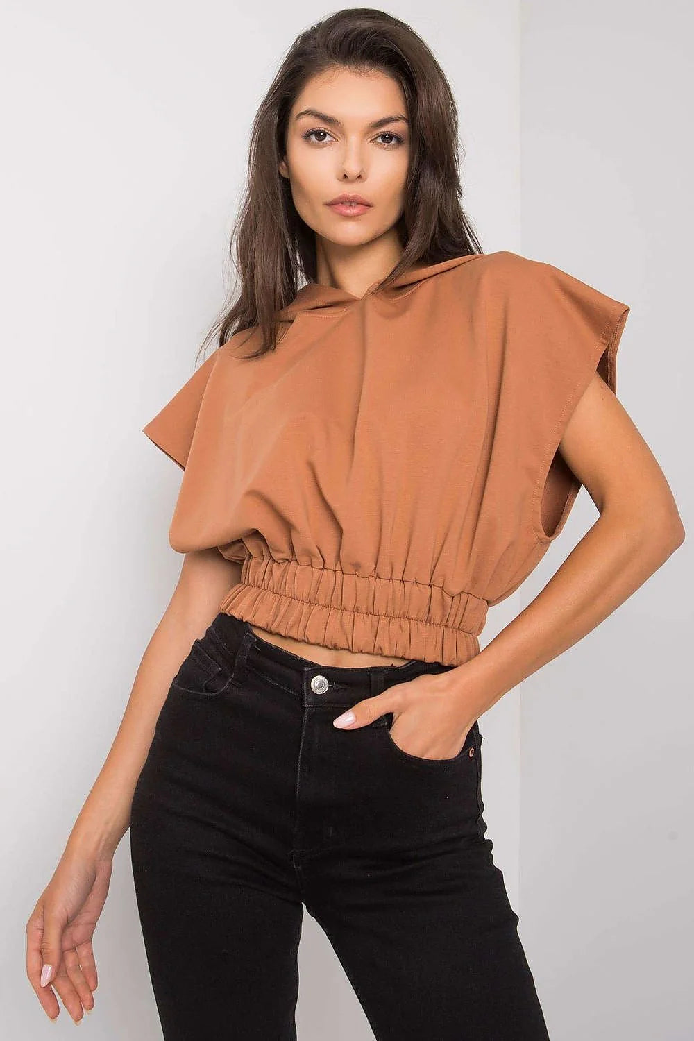 Sweatshirt femme Fancy style moderne couleur turquoise large manches courtes capuche élastique coton polyester