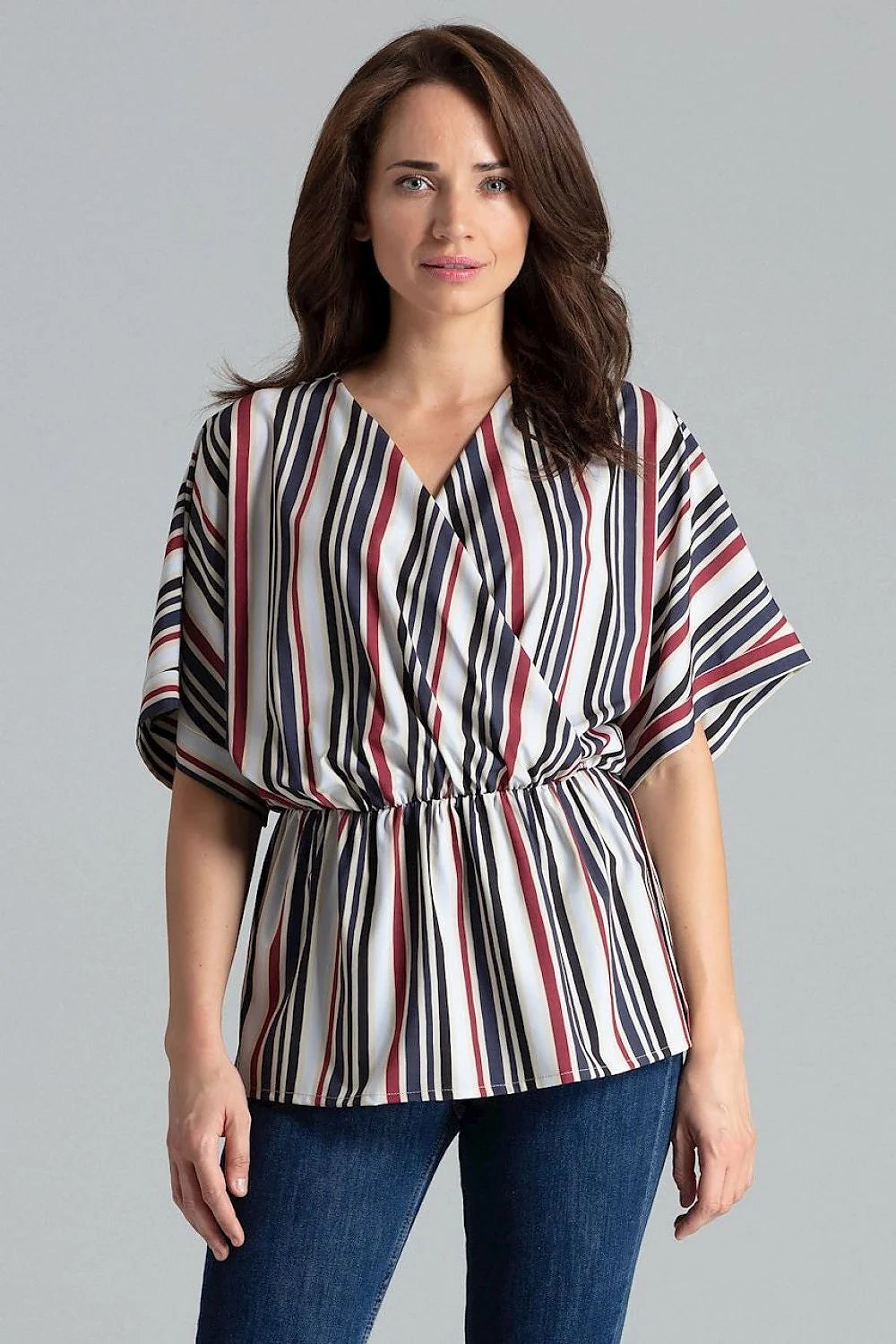 chemisier ample beige Lenitif manches kimono col V cachecoeur élégant tendance femme moderne fluide taille élastique fronces crêpe casualchic blousant