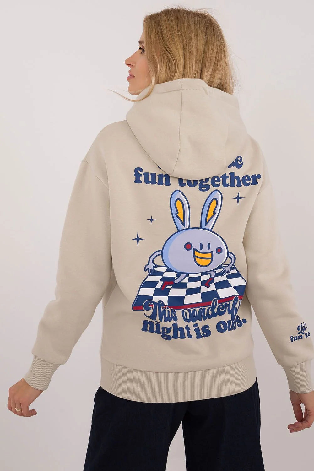 Sweatshirt à capuche pour femme style décontracté beige clair broderie nuage souriant texte manche poches kangourou coton polyester