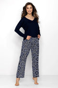 Pyjama élégant pour femme en coton doux bleu marine à motif paisley, style décontracté, coupe ample, pantalon élastique