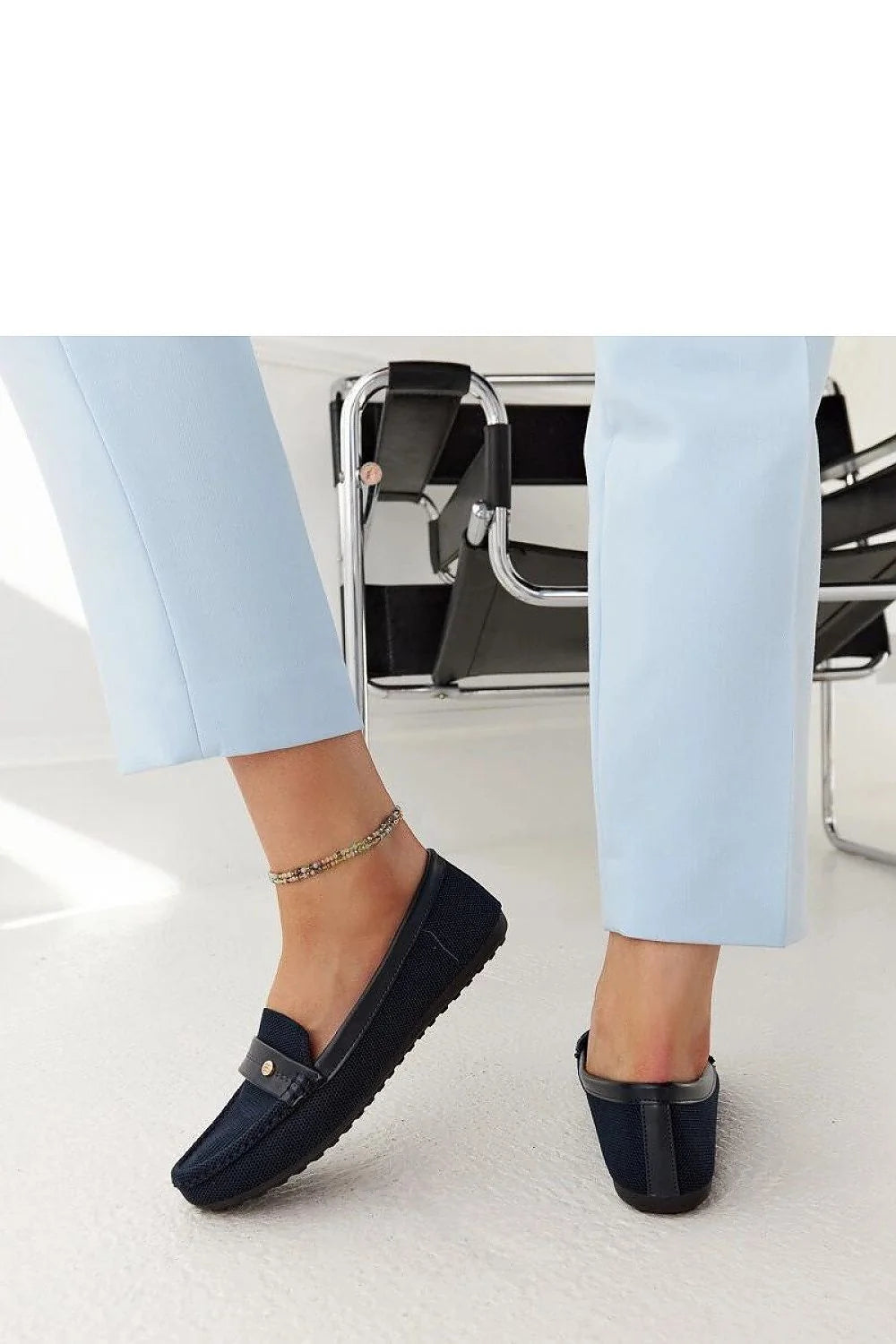 moccasins femme bleu marine maille textile liseré cuir synthétique penny bout arrondi coutures apparentes semelle caoutchouc antidérapante confortable