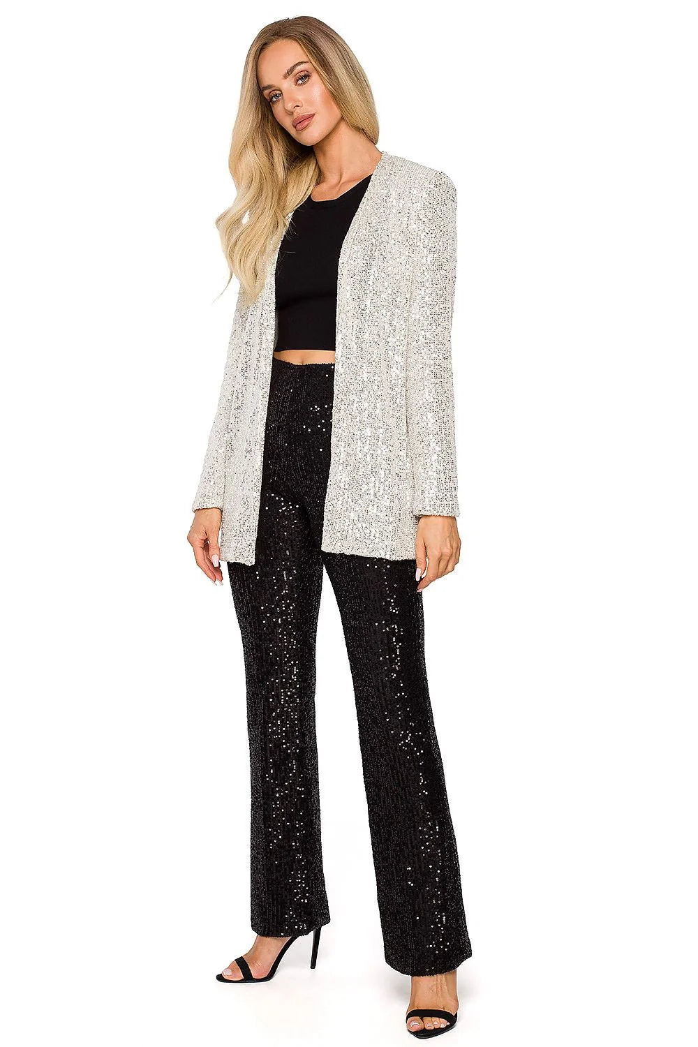 Veste de fête scintillante argentée longue élégante pour femme, style moderne chic coupe droite sequins brillants polyester 100 %