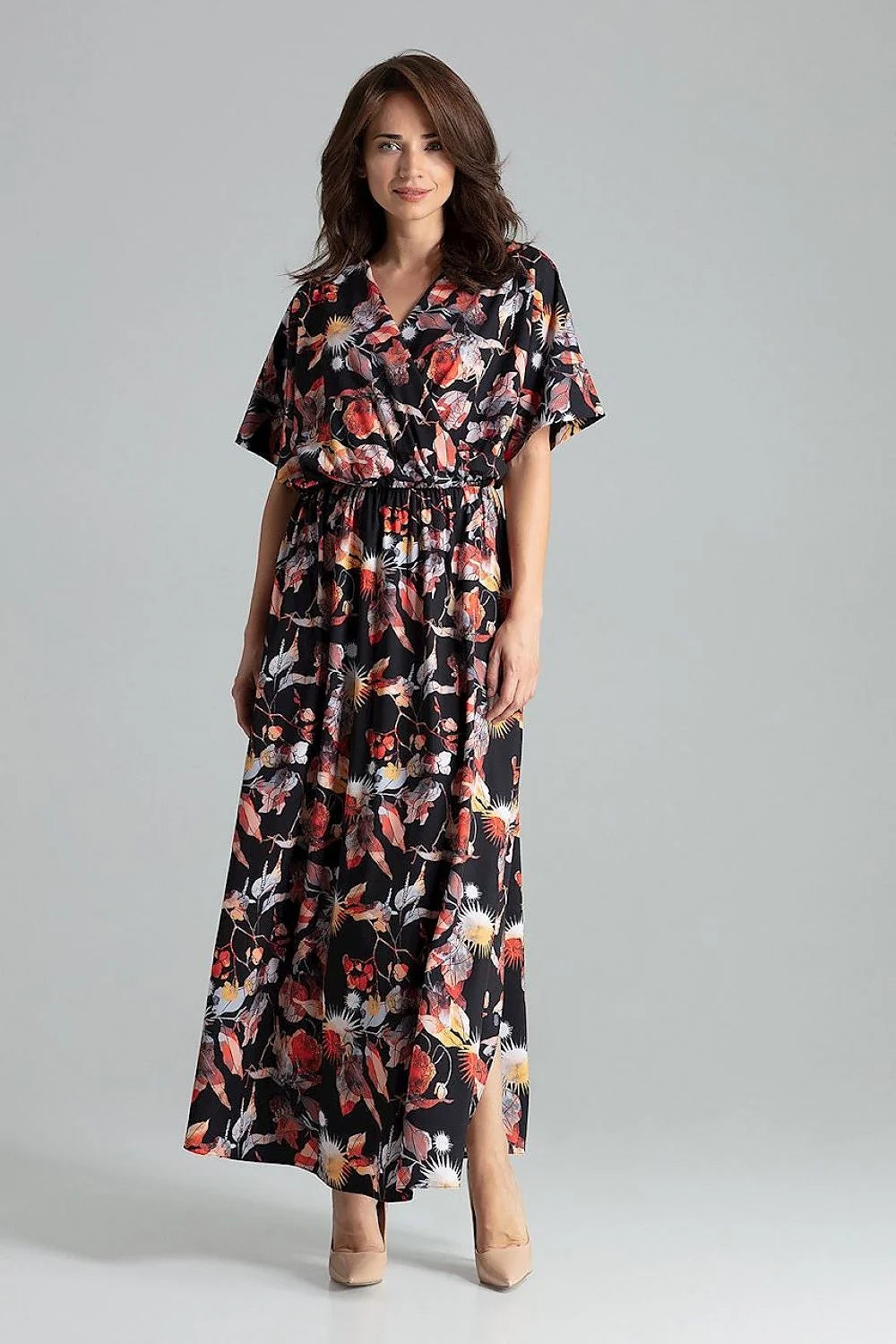 robe longue fluide beige nude chiffon cachecoeur boheme chic manches kimono courtes taille froncee elastiquee jupe evasee fente laterale plongeant