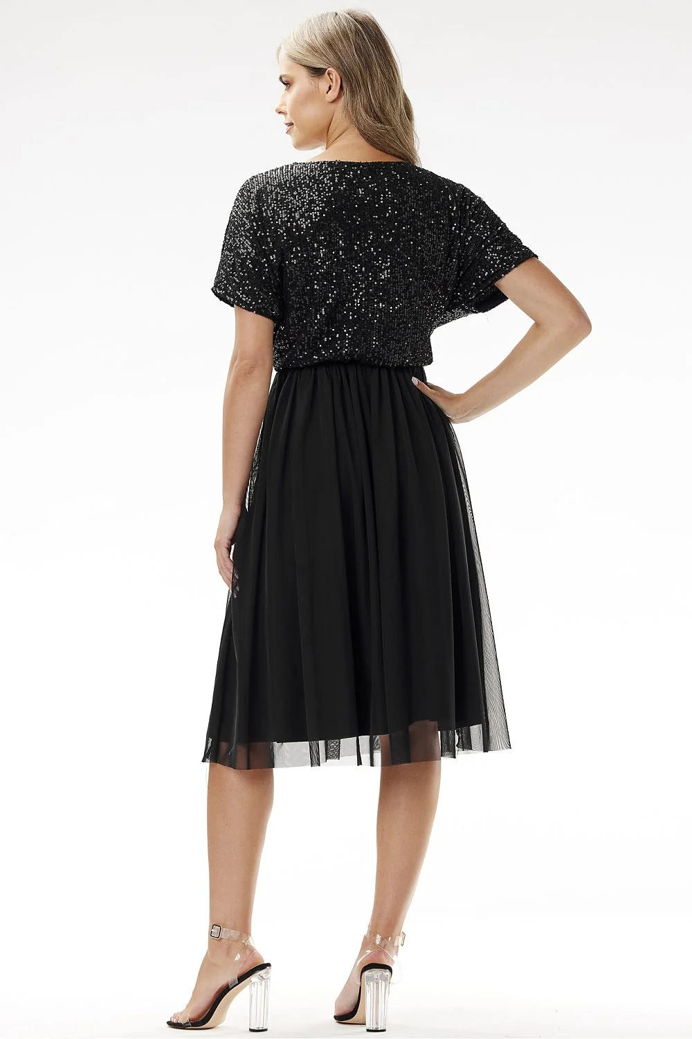 Robe de soirée élégante Awama midi sequins tulle noire occasion spéciale carnaval réveillon mariage femme