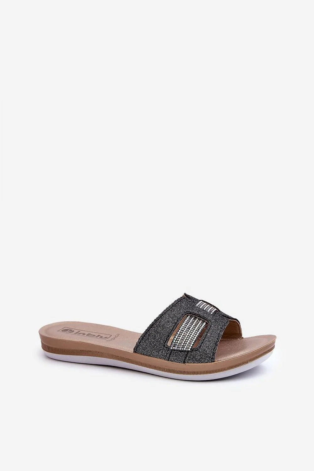 sandales mules plates femme ouvertes gris pailleté bride large strass chaîne cheville croix dorées semelle beige rembourrée confort