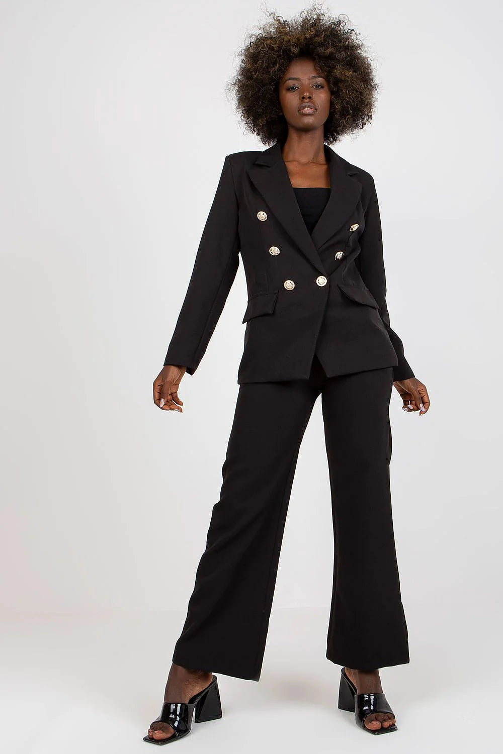 Veste et pantalon assortis pour femme élégant style contemporain coupe ajustée matériau polyester elasthanne taille ajustable noir finitions métalliques
