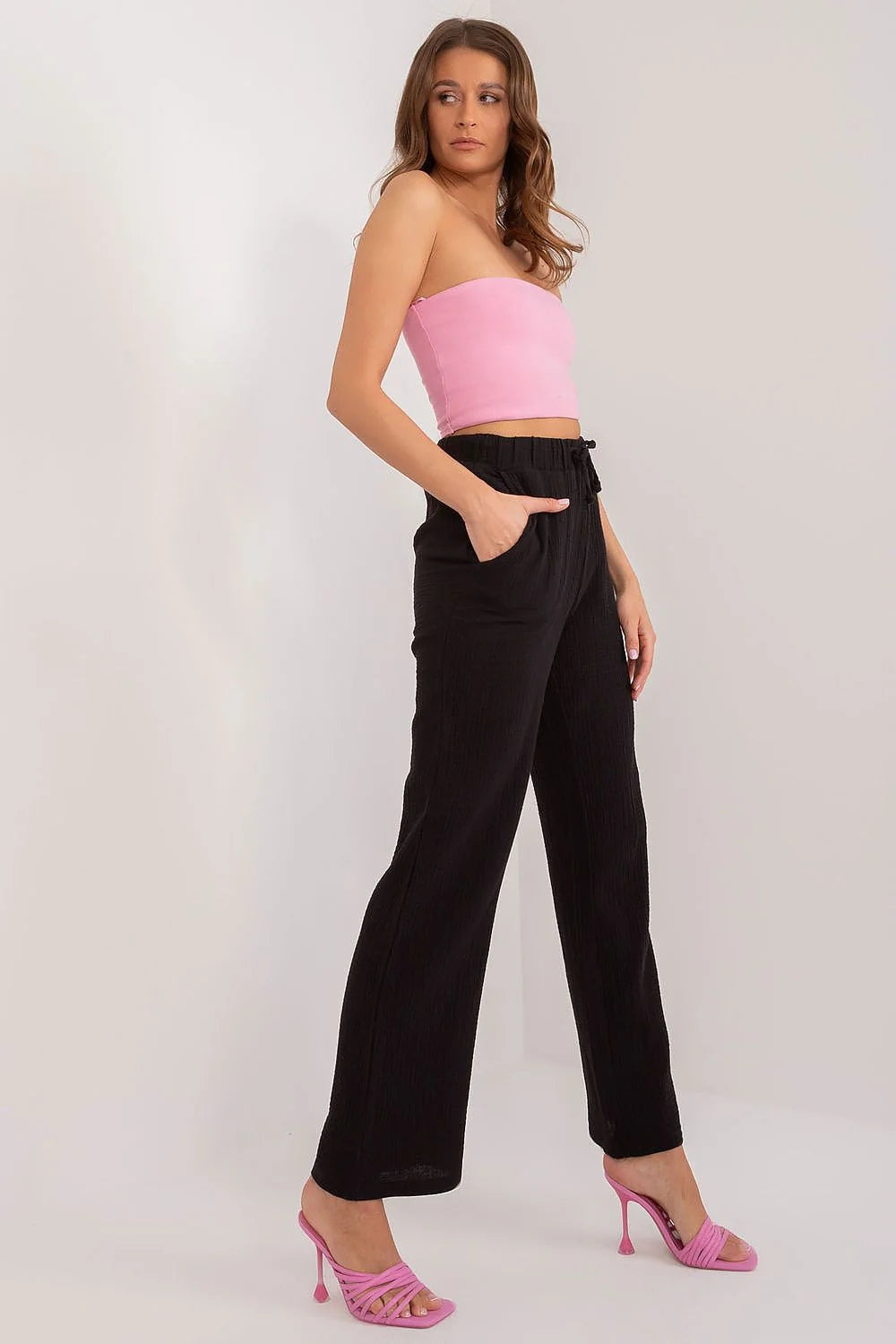 Pantalon femme taille haute mousseline de coton confortable style élégant ceinture élastique cordon ajustement