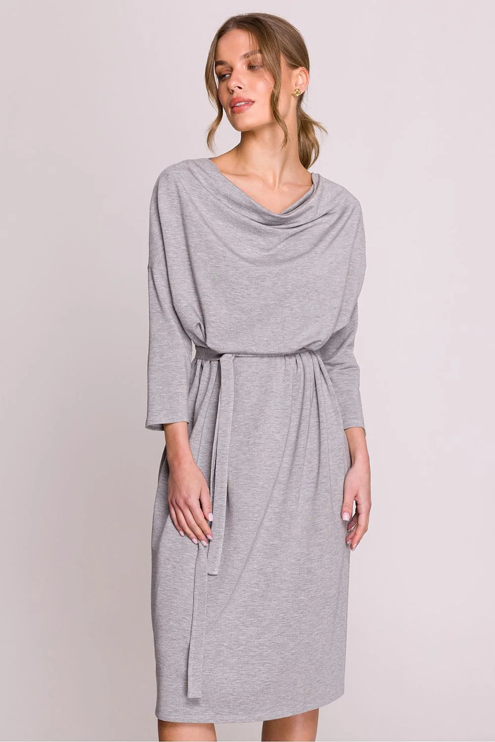 Robe midi femmes élégante style minimaliste coupe droite manches longues col drapé tissu doux couleur grise