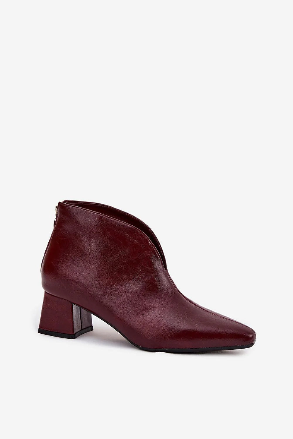 bottines femme cuir écologique bordeaux lisse bout amande découpe V talon pilier stable mi haut minimaliste élégantes confortables