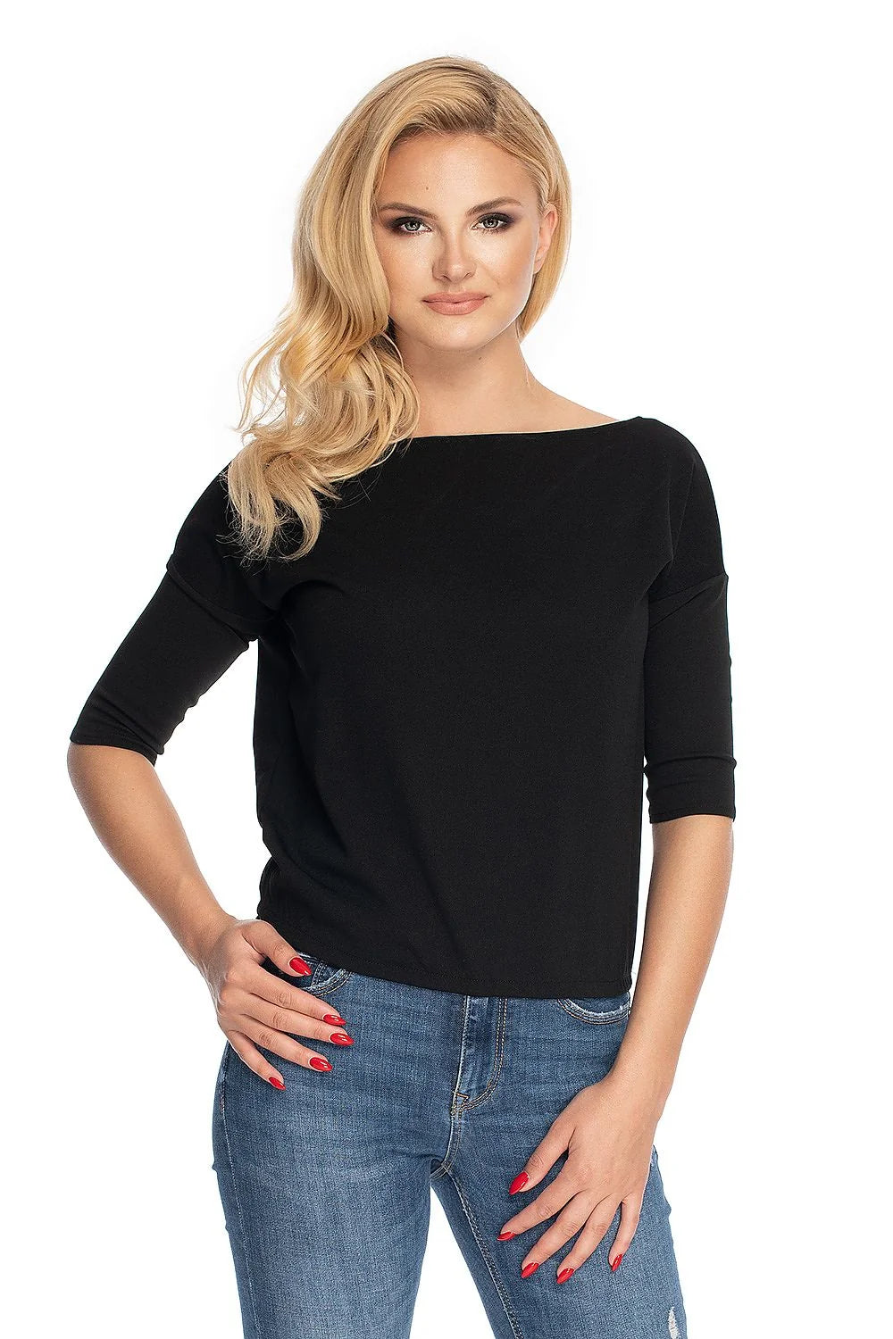 chemisier femme PeeKaBoo élégant confortable ajusté crêpe polyester léger fluide manches troisquarts encolure bateau bas élastique rose pâle polyvalent raffiné