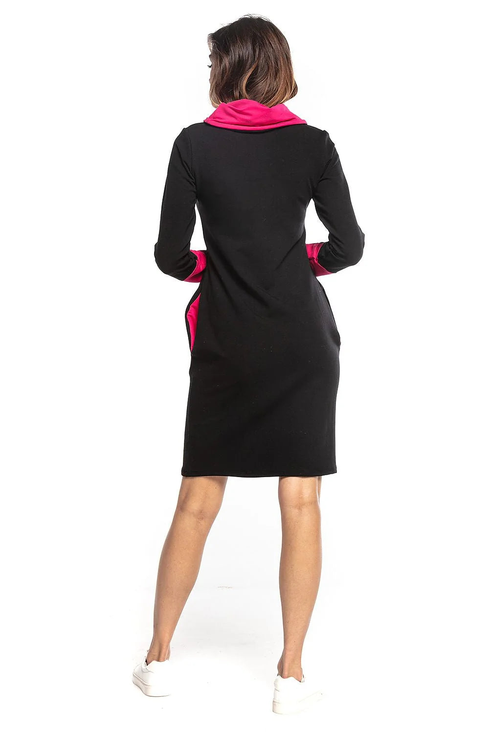 Robe en maille coton casual chic noire rose ajustée confortable manches longues avec poches femmes
