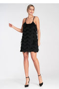 Robe de soirée élégante mini franges décoratives bretelles fines ajustables coupe ample doublée elasthanne polyester femme