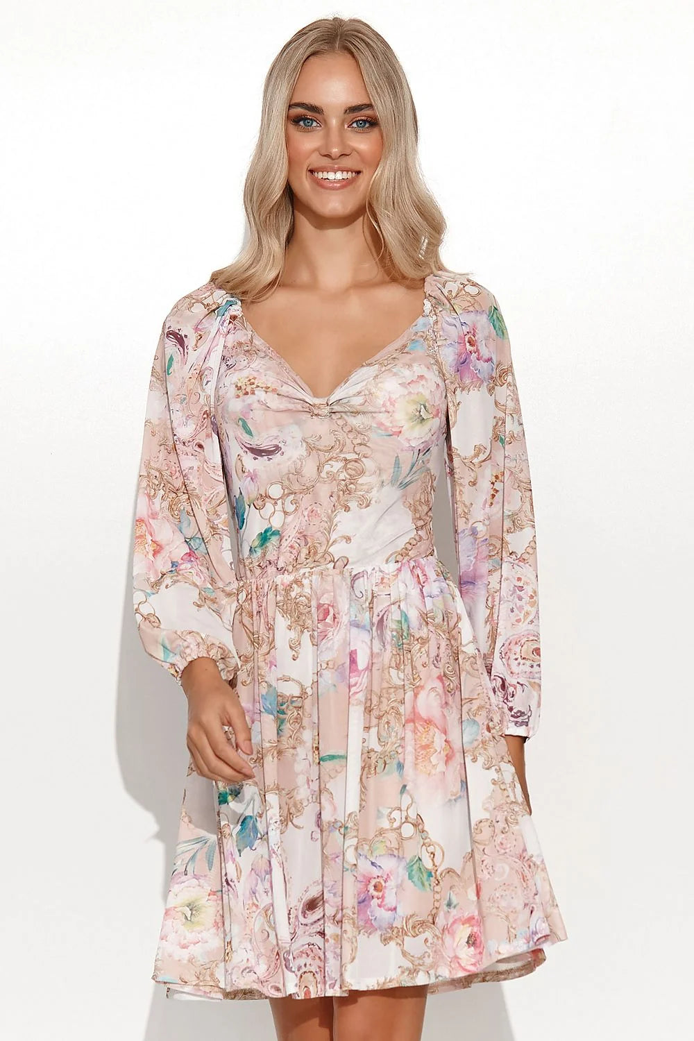robe courte bohème romantique manches longues bouffantes décolleté coeur taille cintrée jupe évasée imprimé pastel floral doré chiffon léger Makadamia