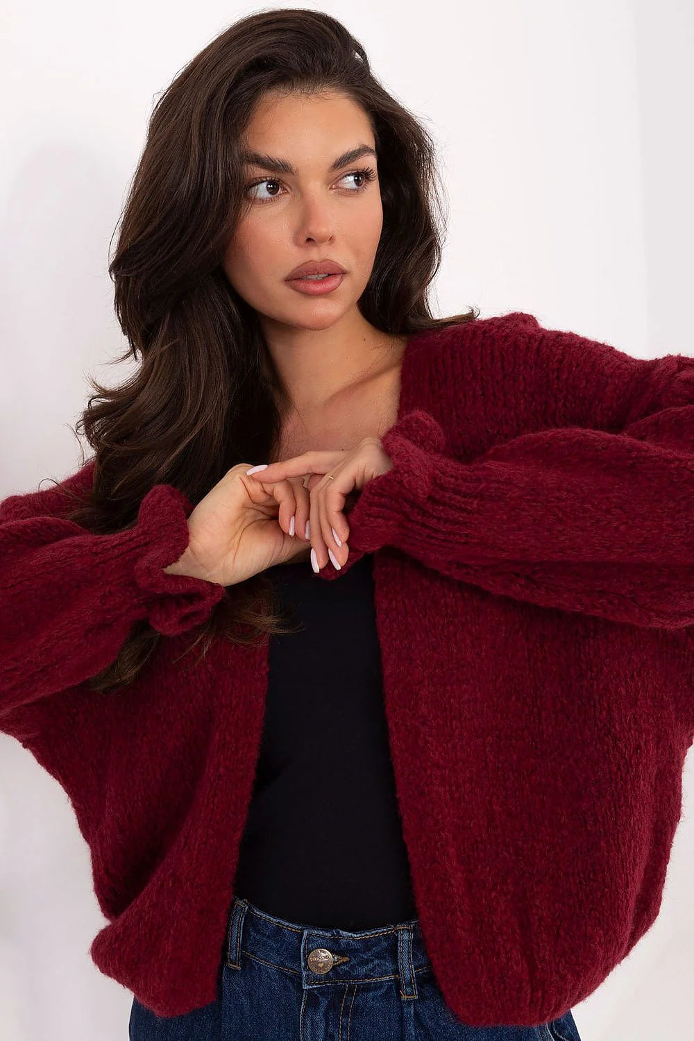 cardigan femme oversize grosse maille bordeaux profond gilet ouvert sans fermeture manches longues bouffantes poignets côtelés mohair alpaga