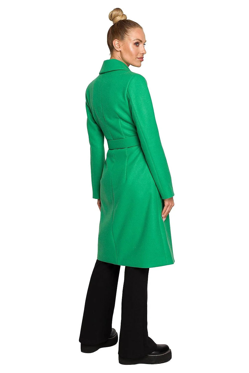 Manteau femme élégant long col revers ceinture poches vert veste hiver mode laine acrylique polyester