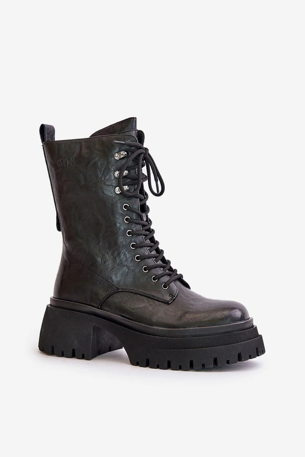 Bottines militaires pour femmes en cuir noir haute qualité, style audacieux, semelle crantée, lacets métalliques, confortable, robuste, mode urbaine, talon épais, design moderne, cuir brillant, idée cadeau, tendance hiver