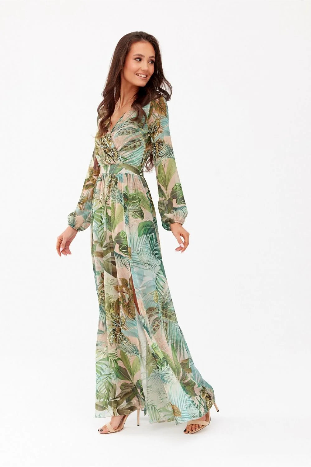 Robe de jour Roco Fashion longue manches longues encolure V croisée motif tropical palmiers vert beige