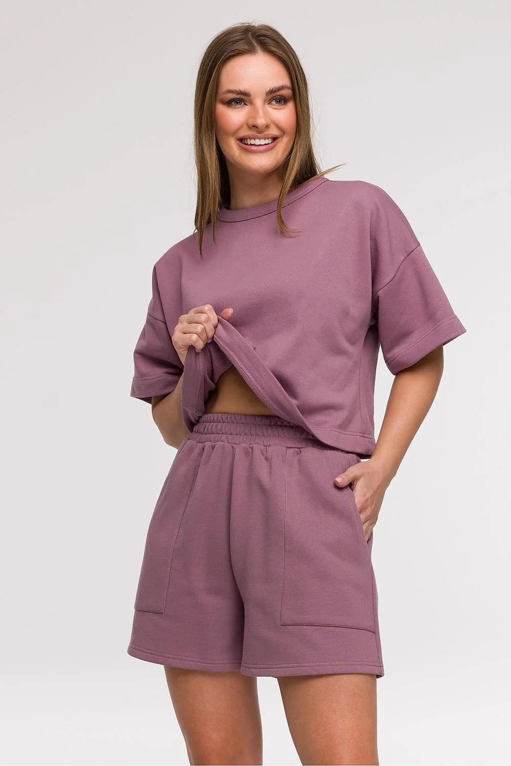 Shorts Be Wear pour femmes coupe ample taille haute manches courtes style décontracté couleur mauve doux poches latérales
