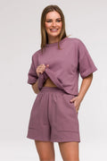 Shorts Be Wear pour femmes coupe ample taille haute manches courtes style décontracté couleur mauve doux poches latérales