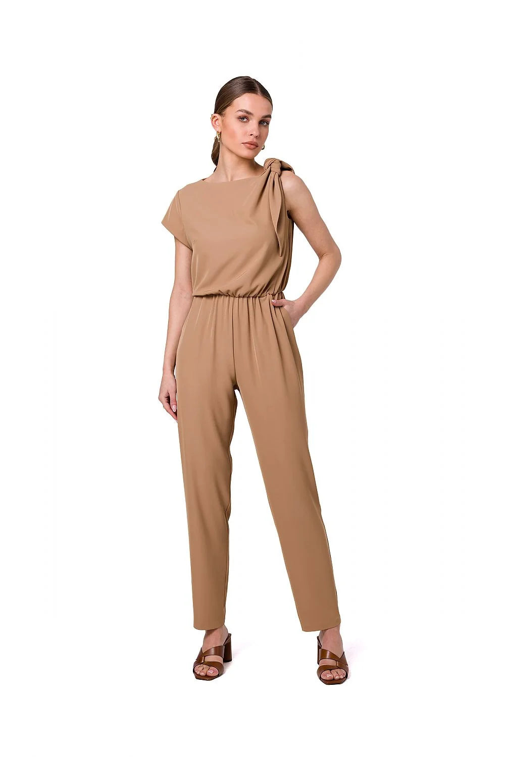 Combinaison Stylove moderne élégante pour femme coupe droite ample épaules larges élastique taille elasthane polyester couleur fuchsia