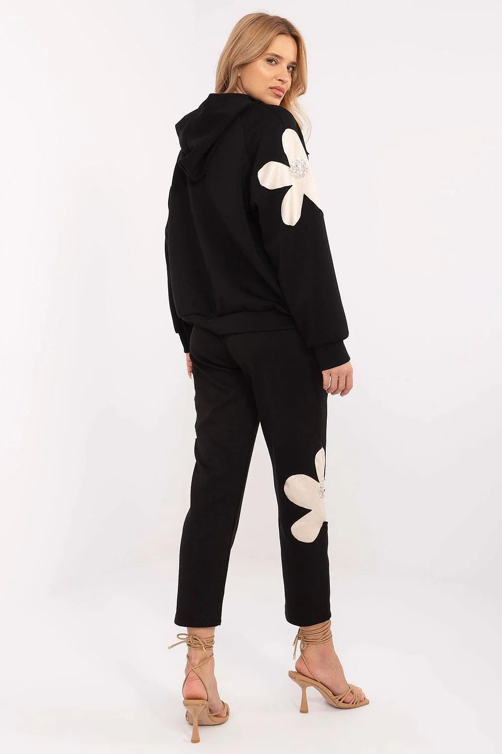 Ensemble coordonné Italy Moda pour femme, sweat et pantalon noir floral, style moderne décontracté, matériau confortable, coupe ample élastiquée