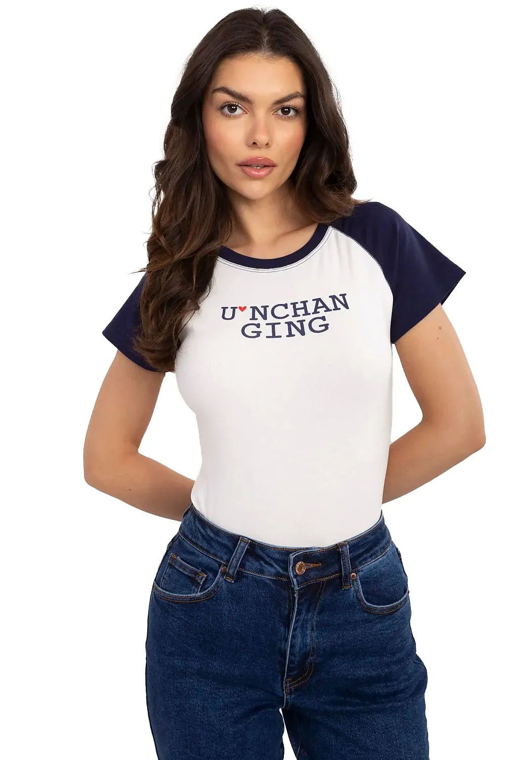 T-shirt femme raglan court manches blanc crème bleu marine coton élasthanne ajusté texte cœur