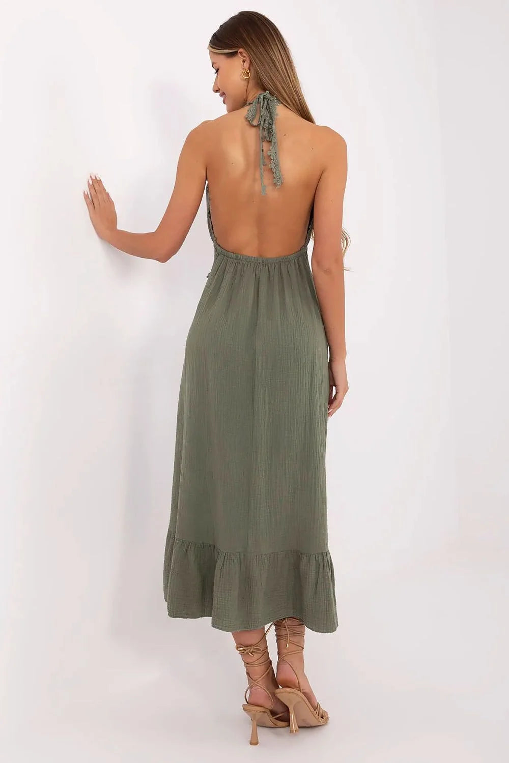 Robe longue bohème élégante vert olive halter V-neck dentelle crochet a-line volants femme été