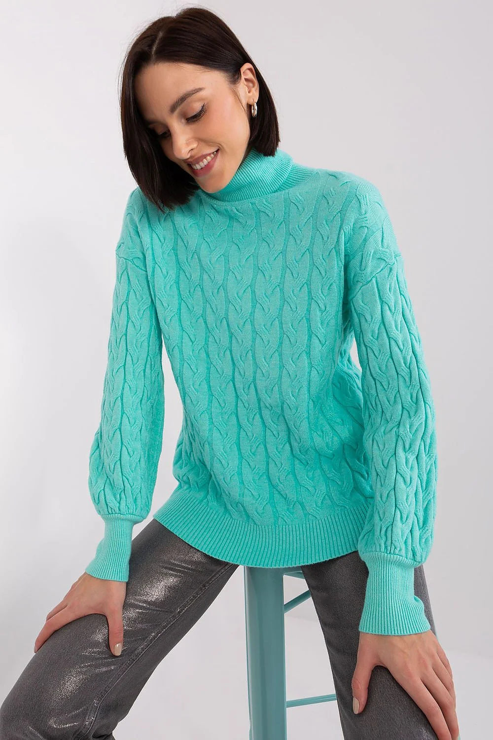 Pull à col roulé en maille torsadée bleu turquoise pour femme, style classique intemporel, confort optimal