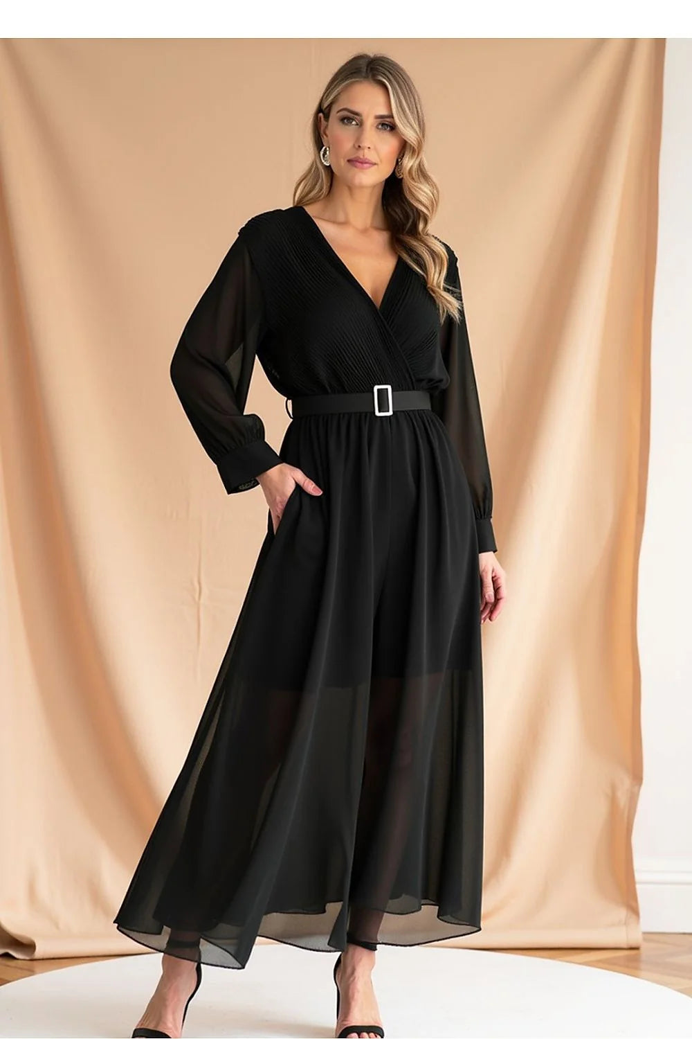Robe de cocktail élégante longue manches longues en V croisé noire taille ajustable femme soirée