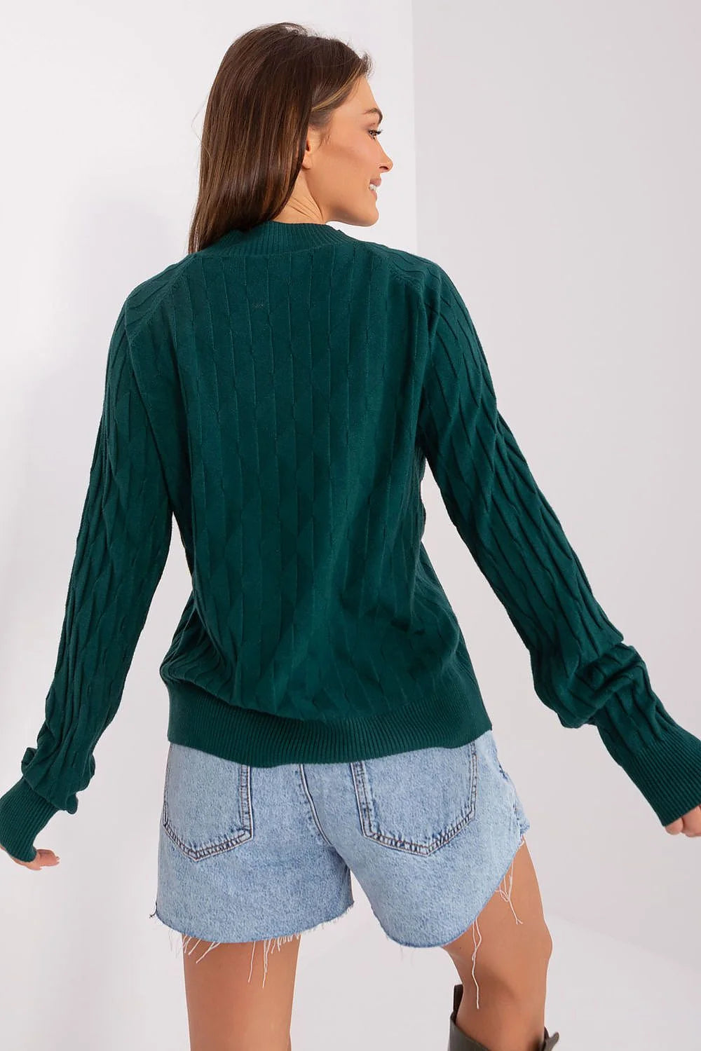 Pull pour femmes Chandail AT motif torsadé vert forêt manches longues coupe ample polyester-coton automne hiver style décontracté