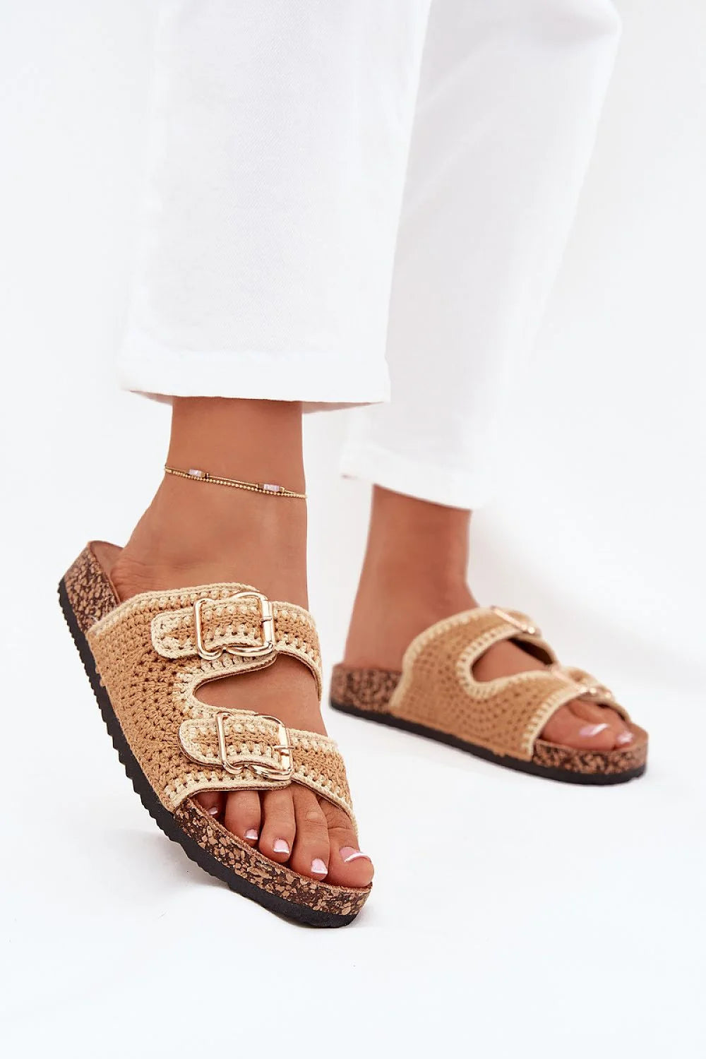 sandales femme crochet beige raphia double bride réglable boucles dorées semelle compensée liège suédine écologique crantée ergonomique bohème