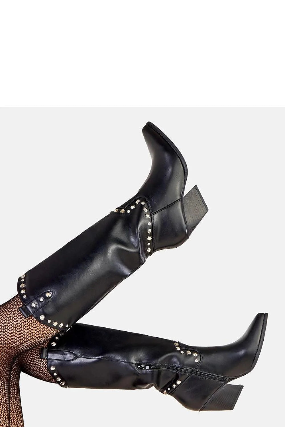Bottes cowgirl femme hautes genou tige 35cm cuir synthétique lisse talon bloc 7cm doublées zippées rivets argentés rock