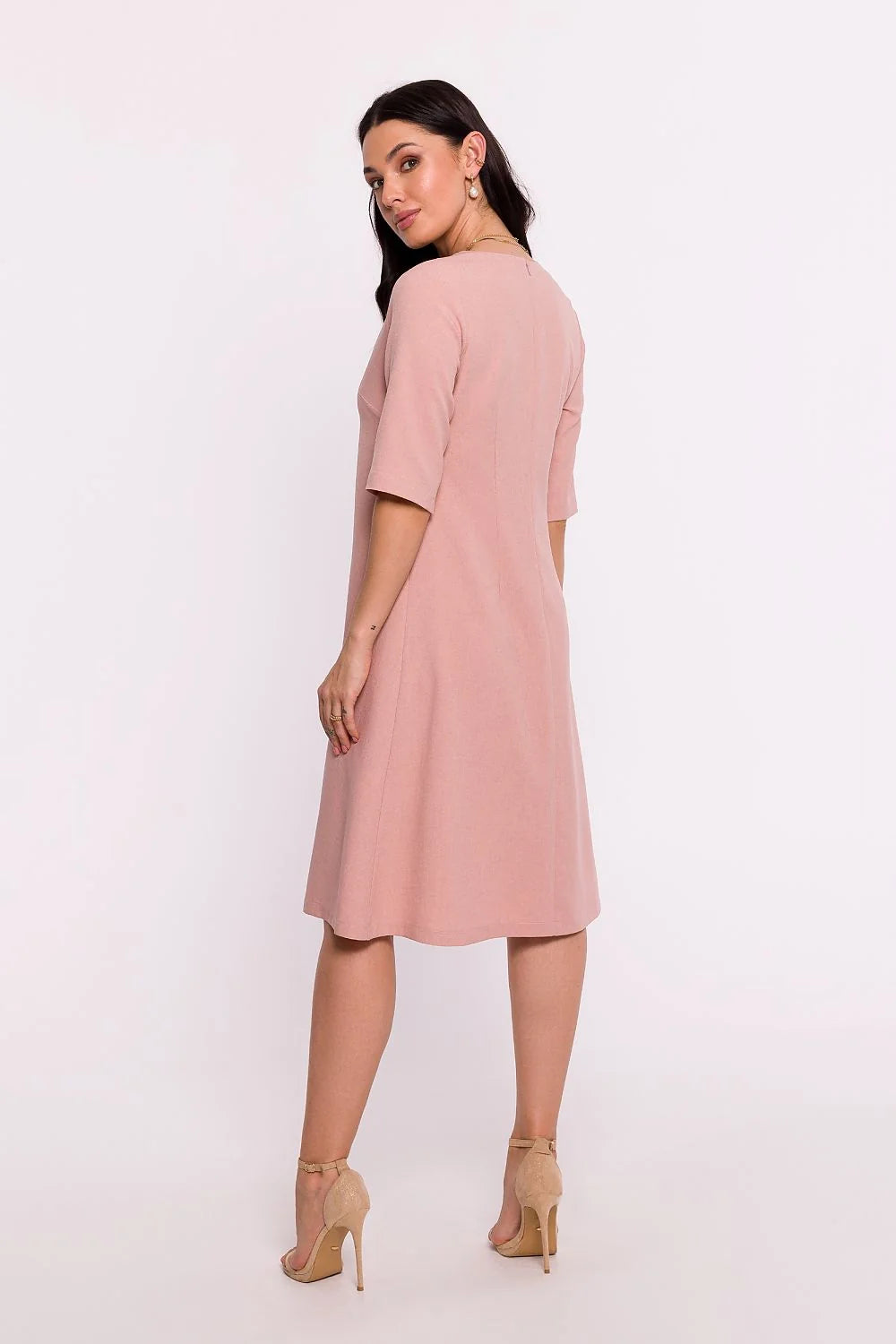 Robe élégante pour femme en tissu doux, style minimaliste, manches courtes, encolure en V, coupe A, couleur rose poudré, occasion polyvalente