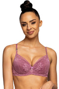 Soutien-gorge push-up élégant en dentelle florale couleur mauve doux avec inserts amovibles et fermeture ajustable pour femmes