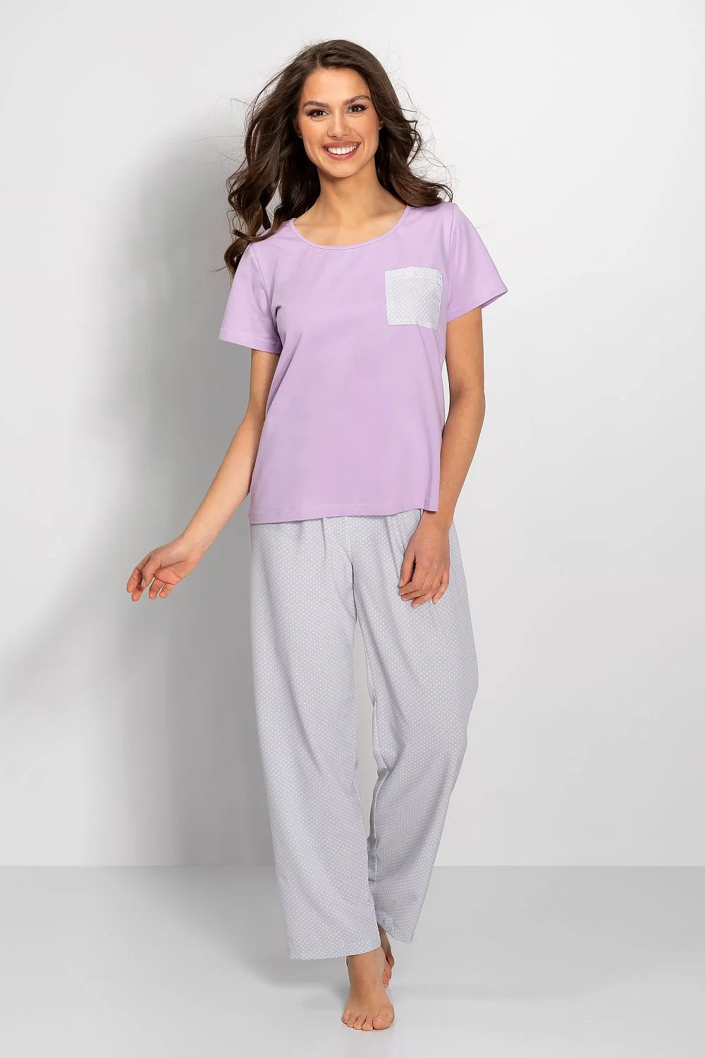 Pyjama pour femme Momenti Per Me, pyjama doux en coton, manches courtes, pantalon ample, couleur lavande et gris, idéal pour la nuit