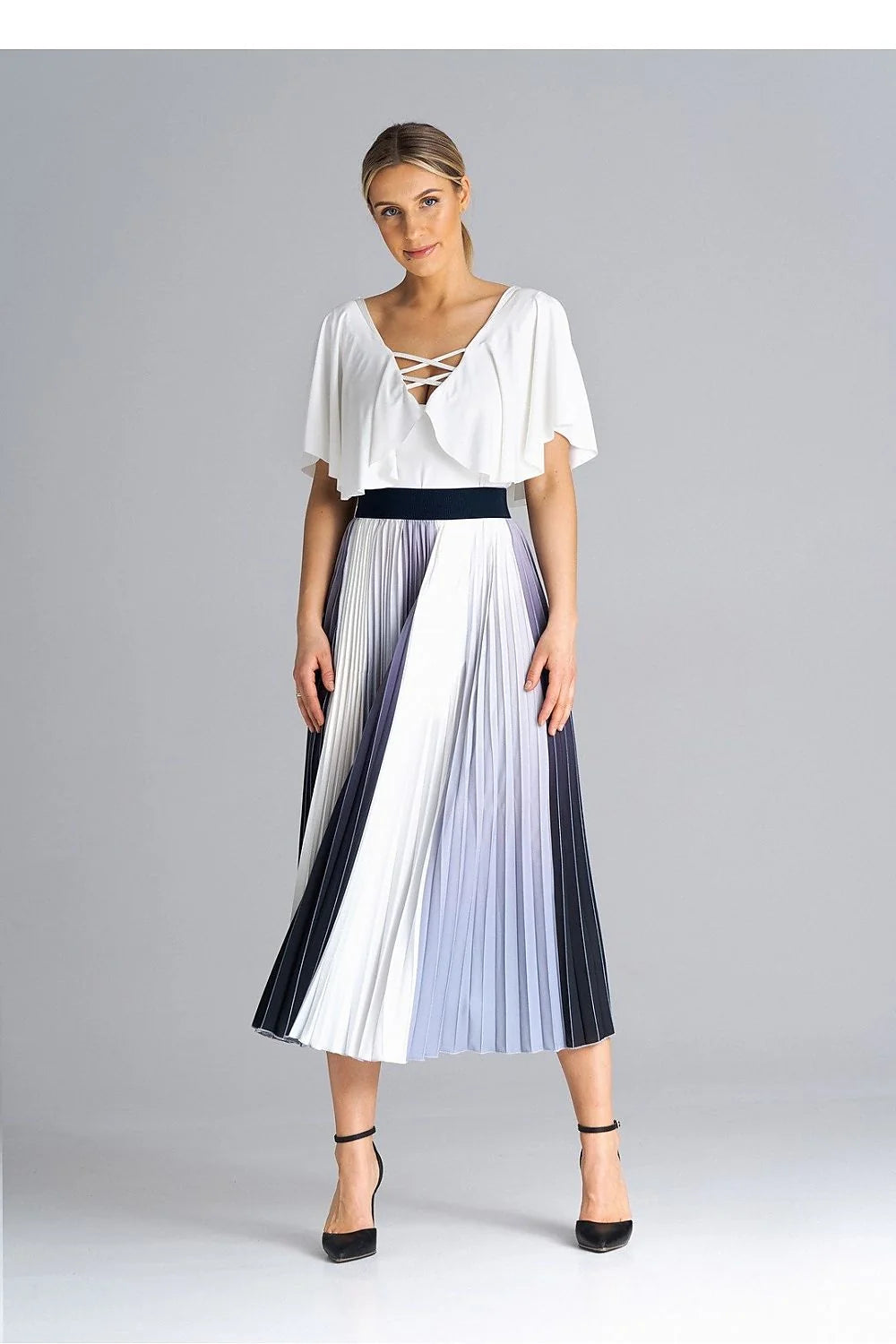 Jupe midi plissée avec ceinture élastique, style élégant et versatile, polyester 100%, tailles XS à XL, parfaite pour les occasions formelles et décontractées