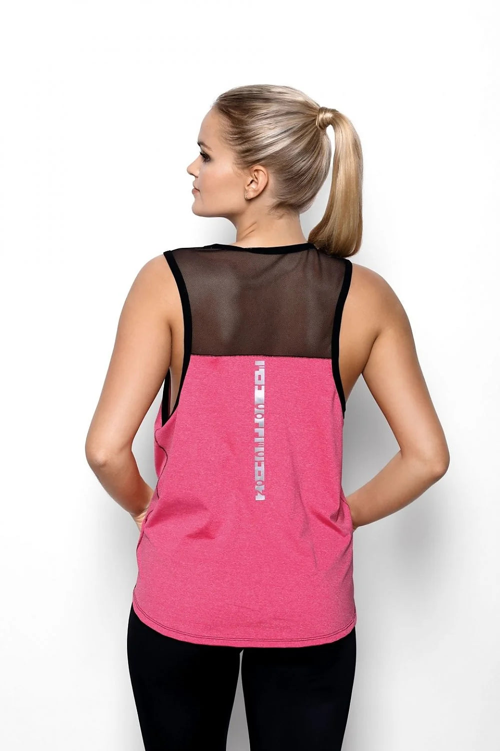 Débardeur sportif féminin élégant gris chiné noir insert transparent dos bretelles elasthanne polyester taille ajustable