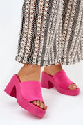 Mules à talons larges pour femmes, style ouvert, couleur rose vif, dessus en daim synthétique, semelle solide, design moderne et audacieux