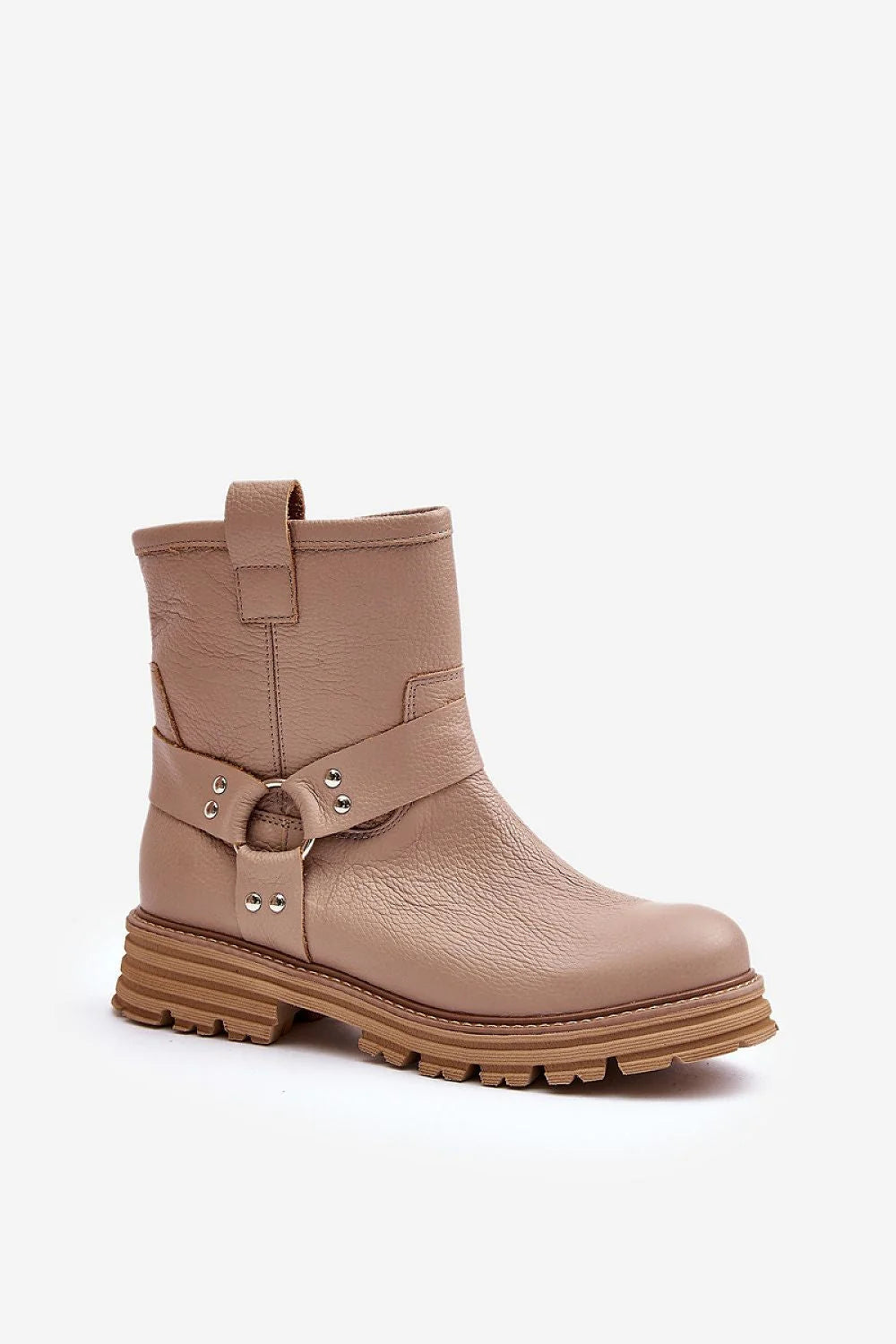 Bottes Step in style cuir texturé beige taupe talon bas zip latéral anneaux métalliques urban style femmes