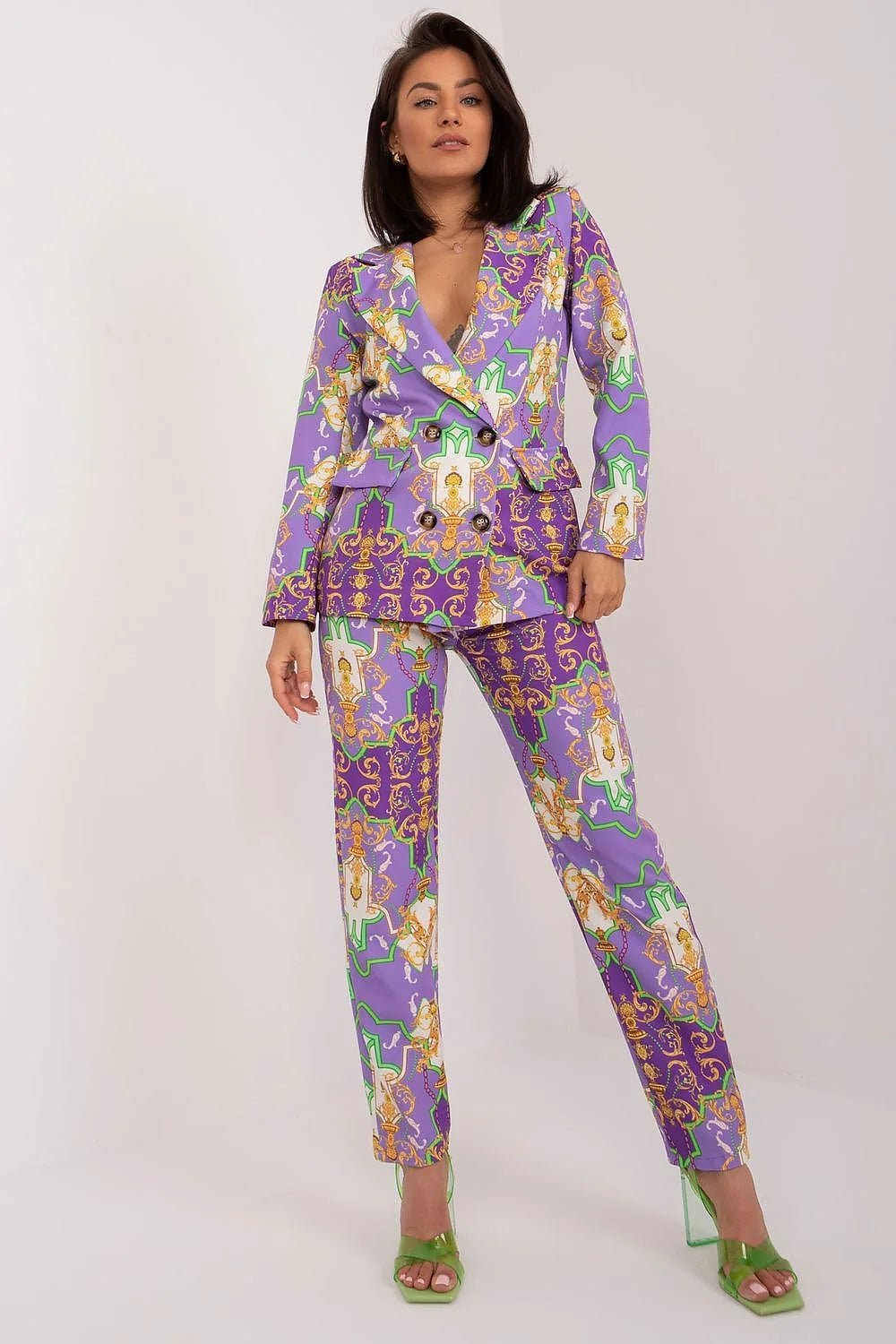 Ensemble féminin Italy Moda veste pantalon motifs baroques colorés coupe ajustée occasion spéciale soirée工作