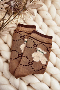 chaussettes basses femmes chaudes maille douce caramel brun motif géométrique ourson bouclé relief bordcôte élastique ajustées stretch cocooning quotidien cadeau