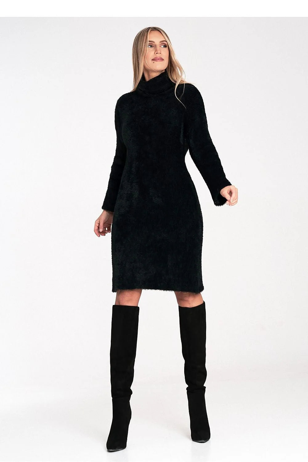 robe pull col roulé mi longue maille pelucheuse chenille noire manches longues coupe cintrée genou chaude confortable élégante féminine universelle