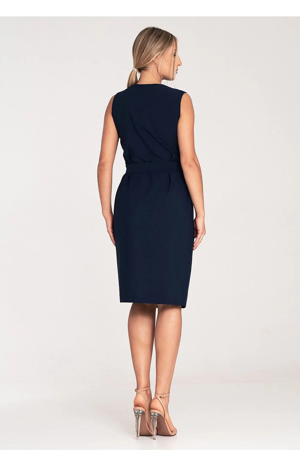 Robe de jour élégante sans manches en polyester et viscose, portefeuille, ceinture ton sur ton, boucle dorée, couleur marine, ajustée à la taille, pour femmes