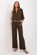 combinaison femme bohème marron profond lin coton léger respirant ample jambe large taille haute ceinture tressée poches latérales