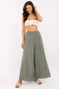 Pantalon femme style bohème chic en viscose large vert kaki taille haute ceinture élastique été confortable tendance