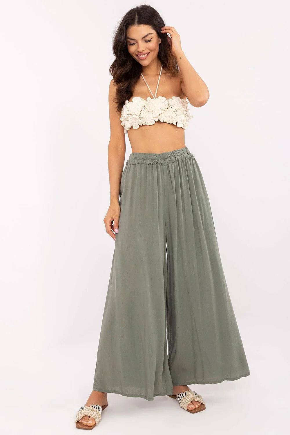 Pantalon femme style bohème chic en viscose large vert kaki taille haute ceinture élastique été confortable tendance
