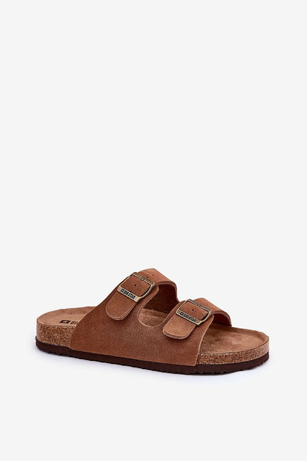 Sandales pour femmes daim naturel design décontracté élégant boucles métal bronze semelle liège confort