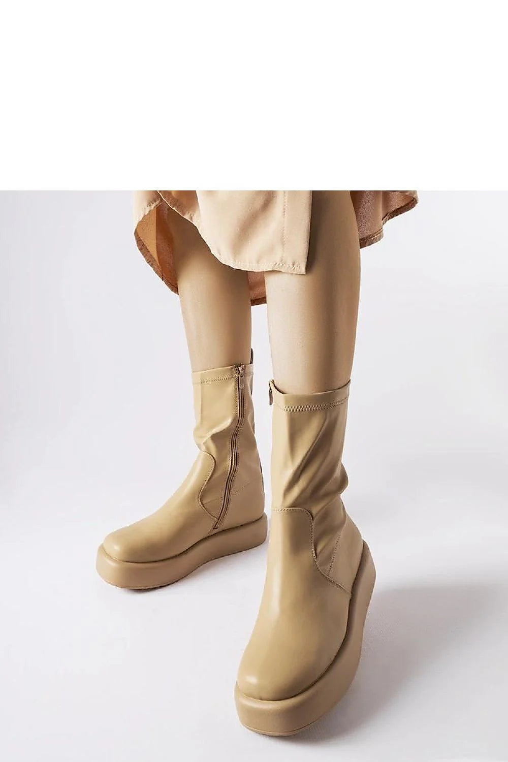 Bottes plateforme beige cuir effet Shadid épurées mi-mollet femmes occasionnels soiree confort résistant humidité