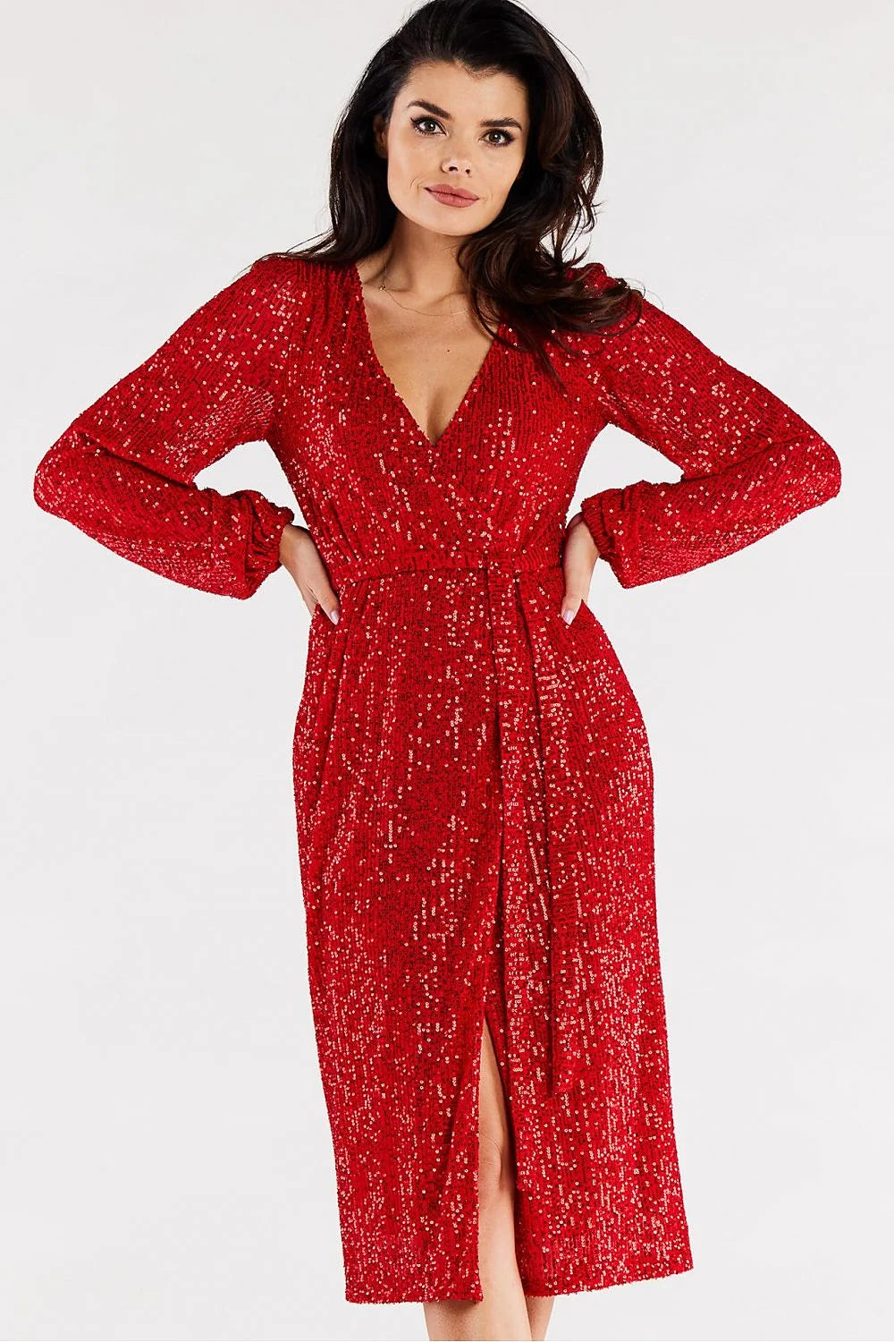 Robe de soirée élégante longueur midi manches longues paillettes rouge vif ceinture intégrée ajustable femme