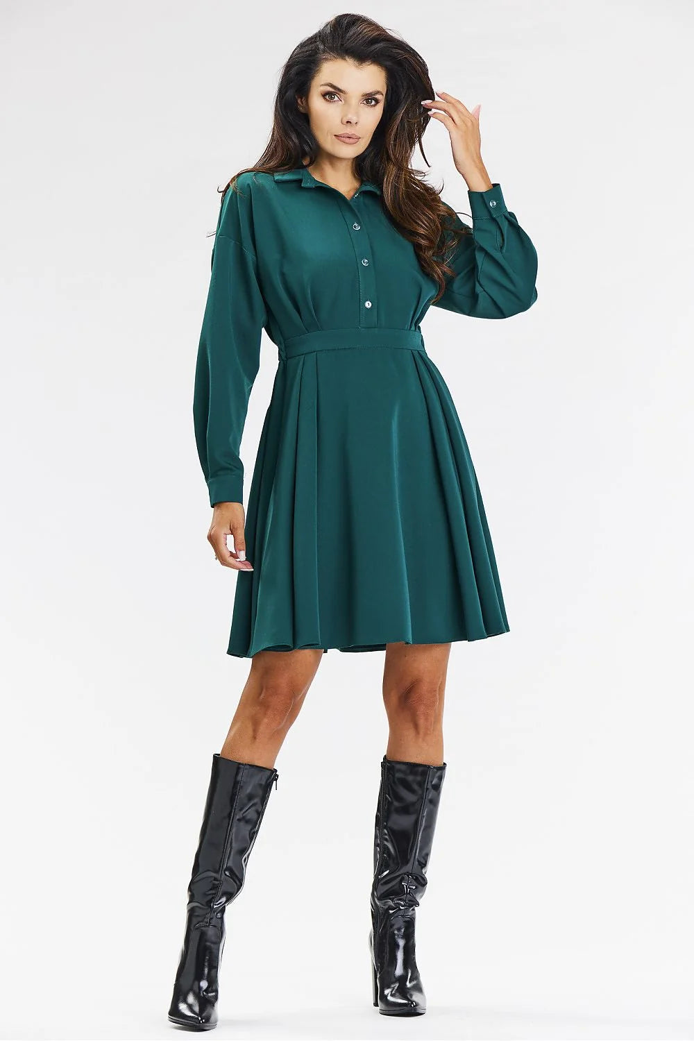 Robe chemisier couleur vert foncé style élégant coupe évasée manches longues ceinture intégrée femme occasion versatile